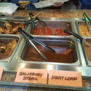 Turkey Wings and oven baked chicken, mealy loaf and Salisbury  steam, Chitter links and smothered pork chops.