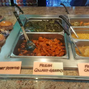 Baked sweet potato pie and city bread, collard greens and sweet potatoes, California blend, sweet corn and cabbage