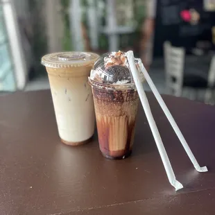 Left: Super Machado caramel with extra shot of espresso and French vanilla Right: Oreo frappe