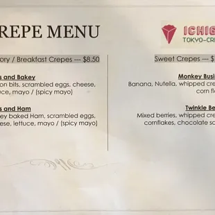 Opening day menu for Ichigo, a pop-up crêpe stand, popping up there Saturday mornings in February &amp; March.  Arrive earlier.