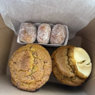 Beignets, French toast muffin, and pumpkin cheese muffin