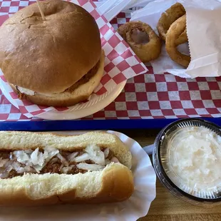 Yum!! BBQ and hotdog with sauce and onions. And perfect onion rings