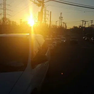 the sun setting in the background