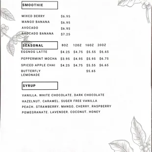 a menu for a drink