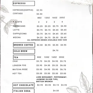 a menu for a drink