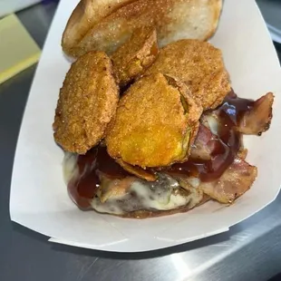 Bacon Cheeseburger with Fried Pickles &amp; BBQ Sauce