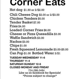 Here is our everyday menu!!