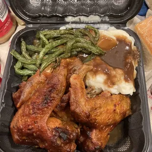 Sweet and spicy wings, mashed potatoes, and teriyaki string beans.