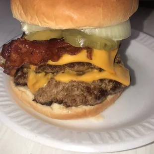Double cheeseburger w/ bacon, onions, pickles, and mayo