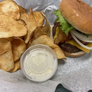 Bacon cheeseburger and chips. You WANT this!