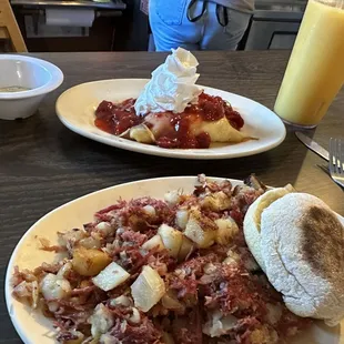 Delicious Corn beef hash with an English muffin