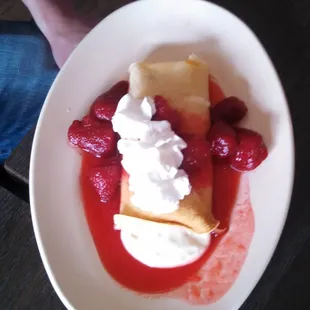 Strawberry and blueberry crepes, 2 for $5.99... dessert or breakfast, it&apos;s a creamy, sweet ender or meal.