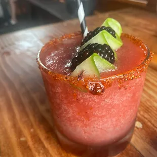 Raspberry blended margarita with tajin equals yummy