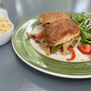 Meatloaf sliders (breakfast sliders, no egg) w/ side salad and a side of mac salad.   Excellent food and a lovely patio.