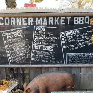 a pig in front of a menu board