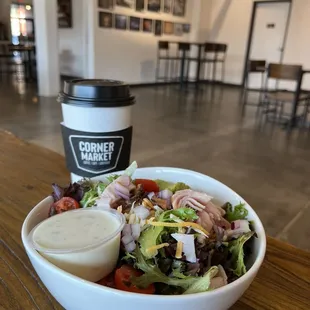 Chai Latte w/ almond milk and the Clubhouse salad