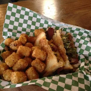 Potatoe skin grilled cheese with tator tots with fresh dried japlenos crushed and sprinkled on them. OMG they are so freaking yummy!!