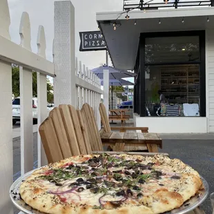 Veggie pizza on the patio