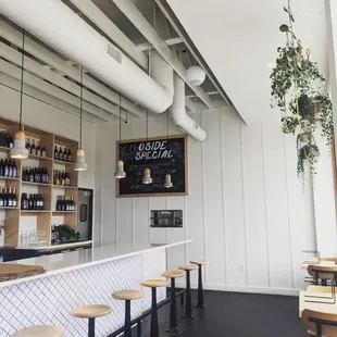 a bar with stools