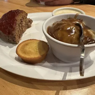 Meatloaf with cornbread and mashed potatoes with gravy