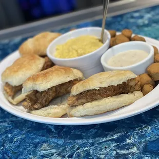 Chicken and biscuit meal with cheese grits and fried okra...it&apos;s shareable unless you&apos;re really hungry.