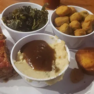 Meatloaf, fried Okra, Collards. Excellent!