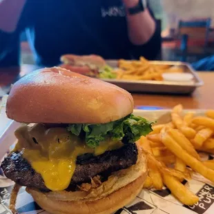 a burger and fries