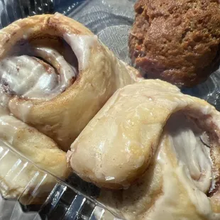 Cinnamon buns and a morning glory muffin