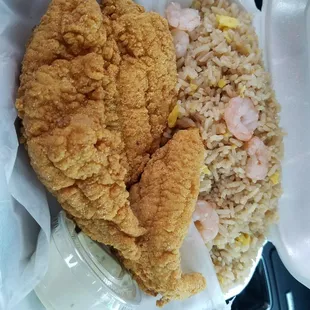 3 piece fried  catfish and shrimp fried rice. Delicious!!!