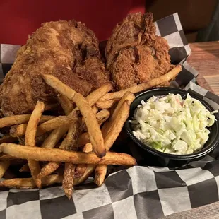 Fried Chicken Dinner, fries, and coleslaw