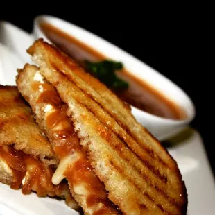 Brie and caramelized onion grilled cheese w/ tomato basil bisque