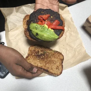 Burnt black bean veggie burger.