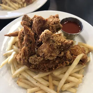 a plate of fried chicken and french fries