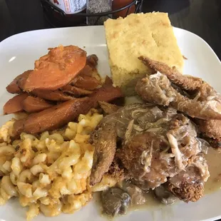 Soul Food Fridays! Chicken with gravy, mac n cheese, yams, and cornbread!!! Delicious!