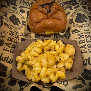 a hamburger and macaroni and cheese