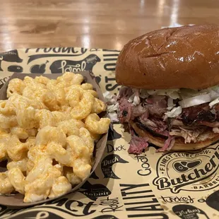 Pulled pork sandwich combo with Mac and cheese
