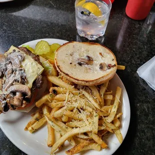 Mushroom burger with garlic fries. Fantastic if you like mushrooms. Garlic fries never disappoint.