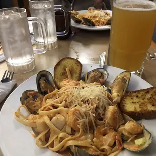 Seafood pasta and a 32oz IPA