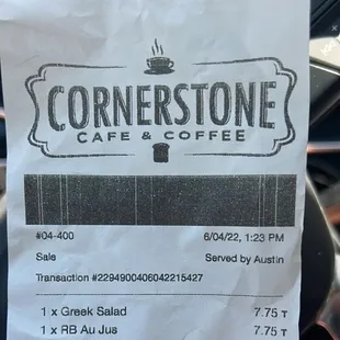 The bill with full charges for each meal.