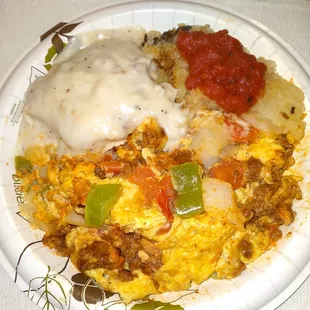 ** Chorizo omelette plate, Plus: side of country gravy, Plus: salsa** $15 ish. (There is more omelette &amp; potatoes in the togo box)