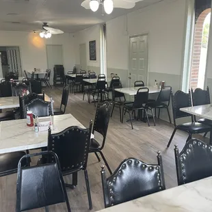 tables and chairs in a restaurant
