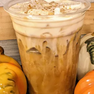 Pumpkin Spice Latte made with fresh pumpkin, topped caramel sauce