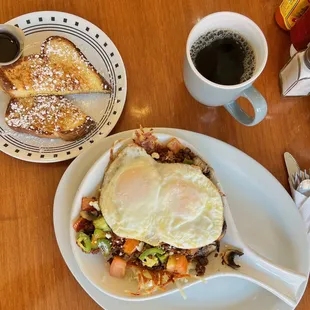 Skillets come with choice of toast, pancakes or french toast