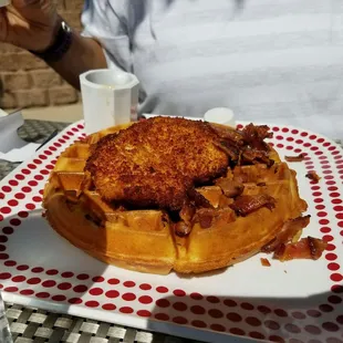 Bacon infused belgian waffle with underseasoned geilled chicken