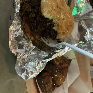 Jerk brisket sandwich. Plantains don't come with it so I ordered them as an extra side