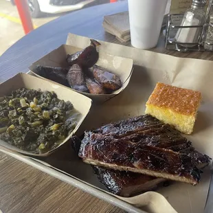 11/29/23 rib dinner plate with cornbread, collard greens, and plantains.