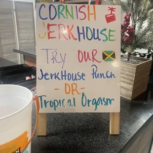a sign on a counter