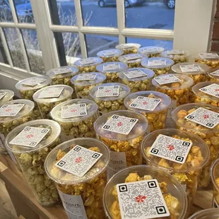 a table full of popcorn