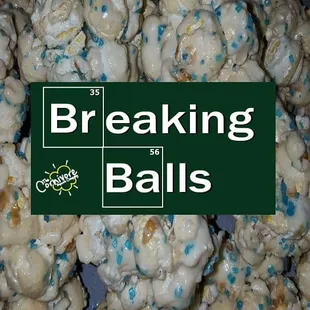 Caramel Marshmallow popcorn balls with the baby blue all up in it.