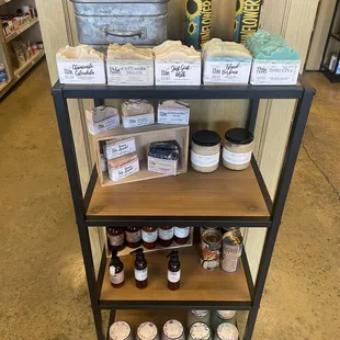 a shelf of products